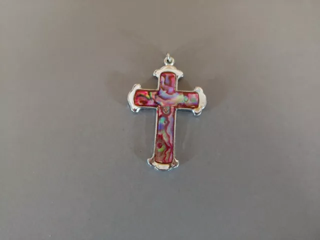 Vintage pendant charm Religious Christian cross silver tone abalone inlay 1 1/2"