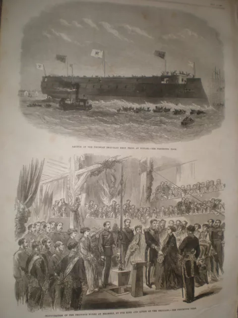 Launch Germany war ship kron Prinz at Poplar london 1867 old print ref Y4