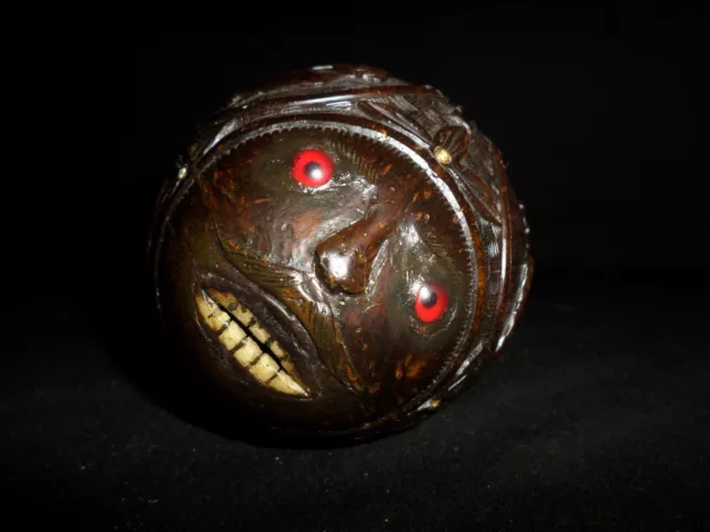 Fine Antique Folk Art Elaborately Carved Mexican Coconut Shell Bugbear Coin Bank