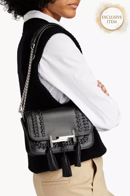 RRP€1710 TOD'S Leather Flap Shoulder Bag Logo Braided Trim Tassels Chain Strap