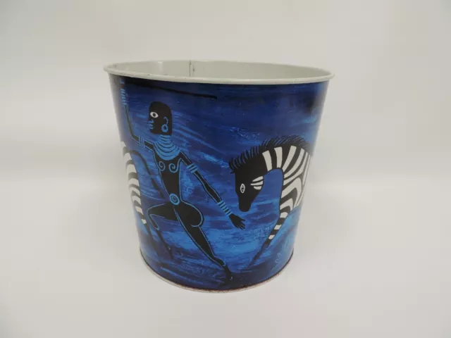 Vintage/MCM Worcester Ware Metal Paper Bin w Tribesman Hunting Zebra