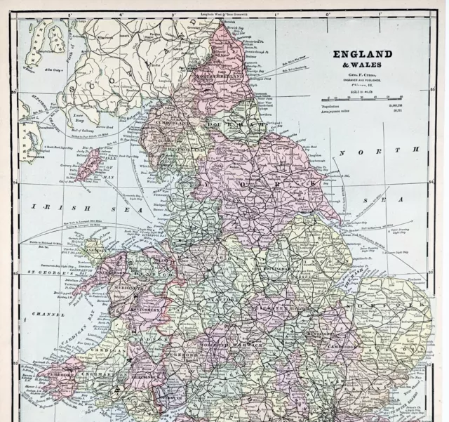 ENGLAND WALES Map 1889 ORIGINAL London Dover Railways Counties Townships G. CRAM