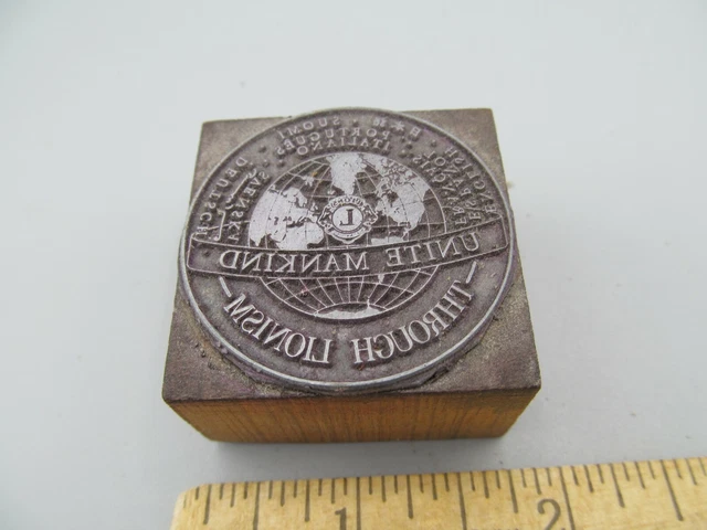 Lion’s Club “Unite Mankind” Vintage Advertising Printing Press Wood Block Stamp