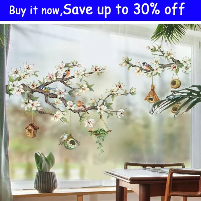 Flower Branch Window Clings Non Adhesive Birds Stickers Beautiful Glass Decals