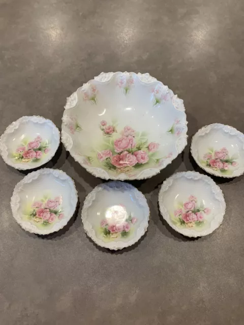 Old Lot of 6 RS Prussia Germany Hand Painted Porcelain Master Bowl Berry Roses