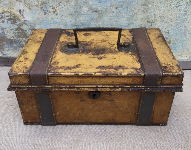 Toleware De Pintura Original Victoriana Antigua Caja De Efectivo De Estaño/Manija De Latón/Bloqueo