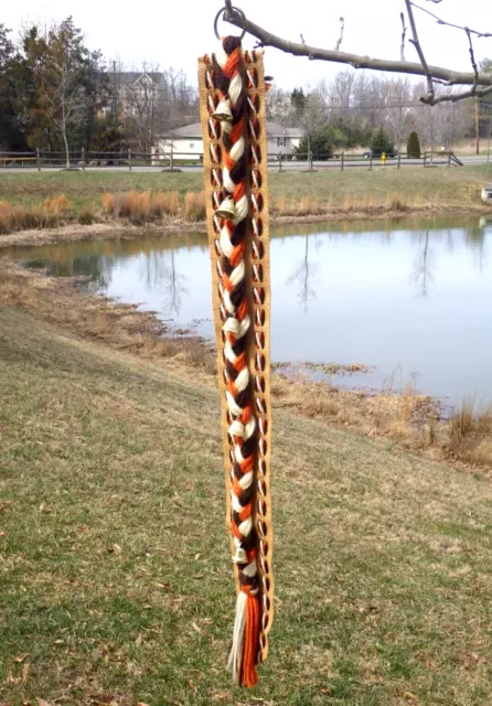 Vintage Retro Hand Made Burlap Braided Yarn Metal Hook & Bells Wall Hanging 36"