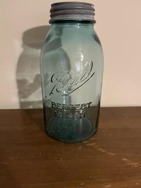 Vintage Ball Perfect Mason Blue Green 1/2 Half Gallon Canning Jar with Zinc Lid