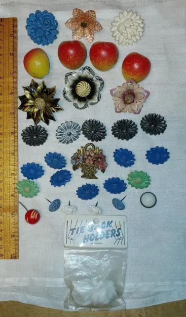 33 Vintage Curtain Push Pin Tie Backs Enameled Painted Flowers & MORE Assorted