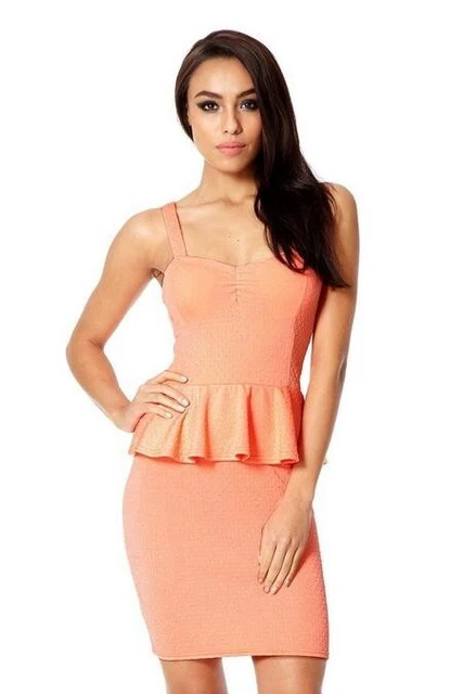 quiz peplum dress QUIZ BRIGHT BRIGHT Coral Textured Peplum Dress flattering illusion size 10  £31.89