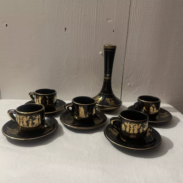 5 DEMITASSE CUP & SAUCERS And VASE Hand Made in Greece ~ Black w/24 kt Gold