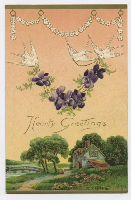 "Hearty Greetings" Vintage Countryside Scene Embossed Greetings Postcard E9