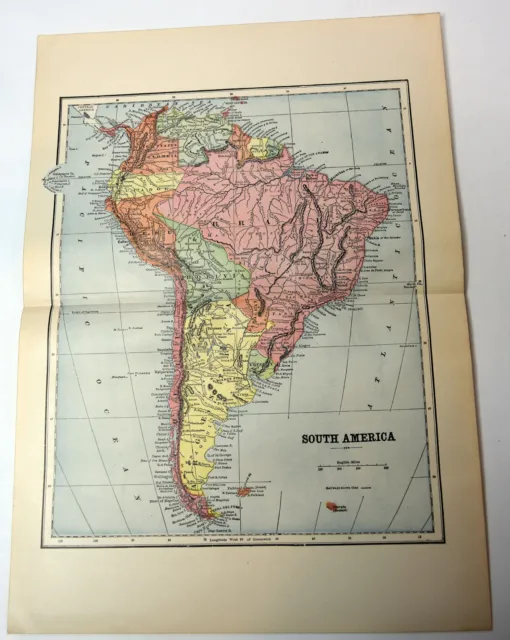 1890s Antique ORIGINAL 15" Map South America Brazil Bolivia