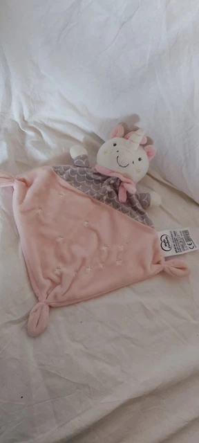 DOUDOU PLAT MOTS D'ENFANTS LICORNE rose gris blanc écharpe étoile ETAT NEUF