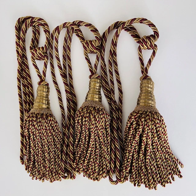 Lot 3 Large Tassels Burgandy Gold Heavy Rope Curtain Drapery Tie Backs