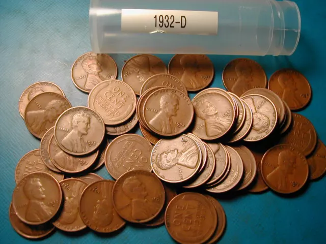 1932-D LINCOLN WHEAT CENT PENNY ROLL, 50 coins, rarely offered roll