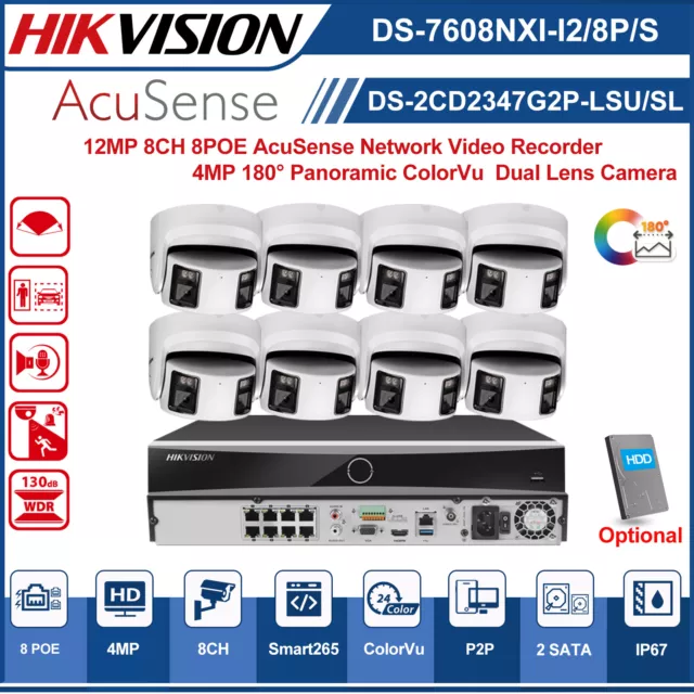 Hikvision 8CH AcuSense NVR POE CCTV Kit 4MP Panoramic 2-Way Audio ColorVu Camera