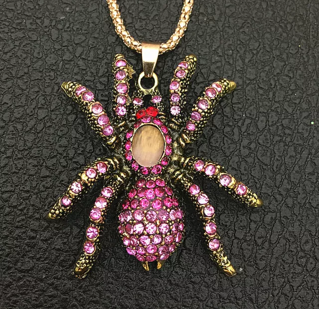 Betsey Johnson Pink Crystal Rhinestone Opal Spider Pendant Sweater Necklace