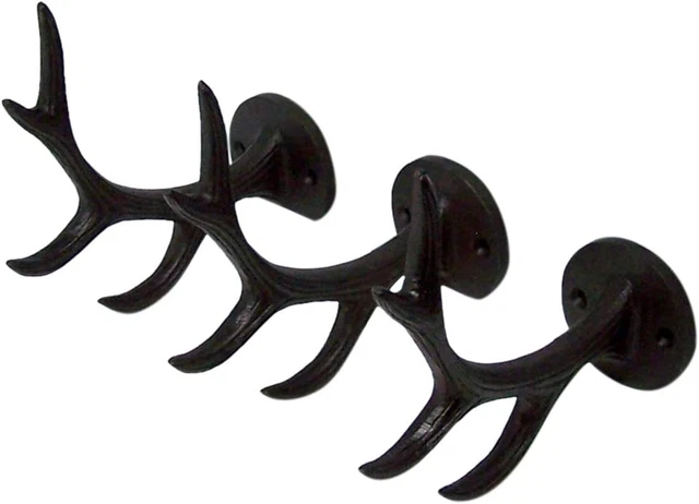 Four Point Dark Brown Deer Antler Cast Iron Wall Mount Coat Hooks, 5 1/2 Inch,