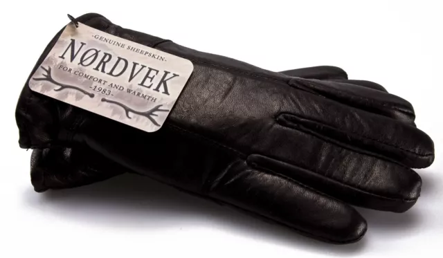 Nordvek Mens Sheepskin Lined Black Real Leather Gloves Genuine - 302-100