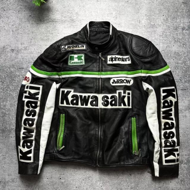 Kawasaki Ninja Black & White Motorbike Racing Motorcycle Cowhide Leather Jacket