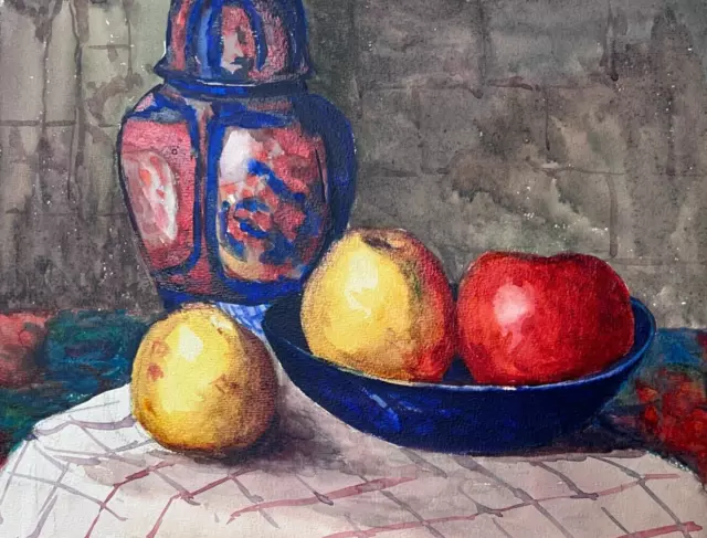 Antique Drawing Original Still Life Vase and Apples