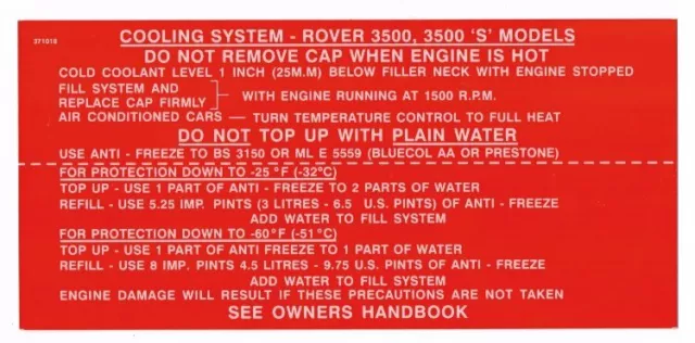 Cooling System label - Rover P6 3500 & 3500S