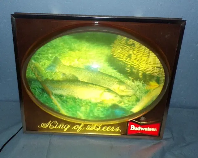 Vintage 1960s Budweiser King of Beers Lighted Bubble Sign Fly Fishing Trout Fish