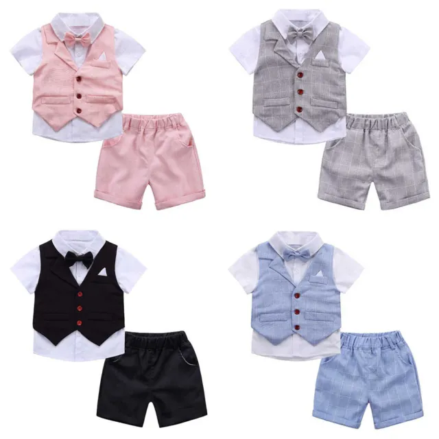 Baby Boy Gentleman Outfits Party Wedding Formal Suit Bow Tie Vest Top Shorts Set