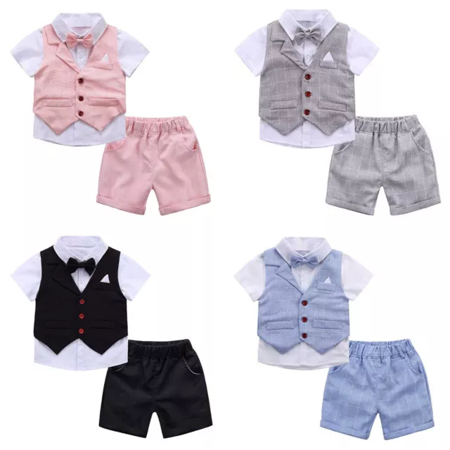 Baby Boy Suit British Gentleman Outfits Bow Tie Vest Top Shorts Party Formal Set