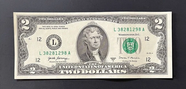 $2 DOLLAR BILL, SERIAL#: THREE 8s, TWO 2s,  FRB L12, 2017A, CIRC.