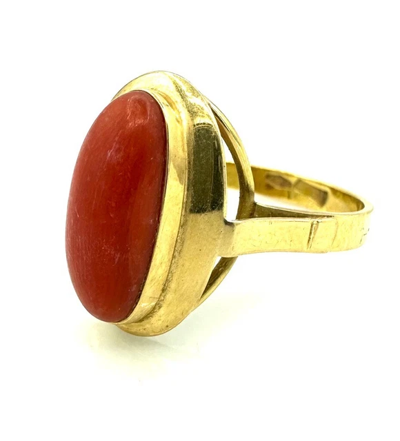 Bague En Or 18 Carats Jaune Avec Pierre De Corail (~1 Cm) - Taille 49, Poids 4.07 G - Occasion