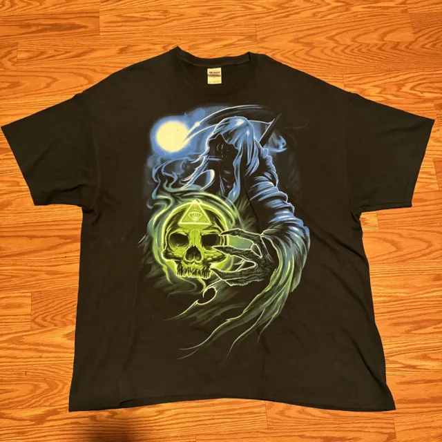 Vintage Illuminati T Shirt Size 2XL Black Grim Reaper Skull All Seeing Eye