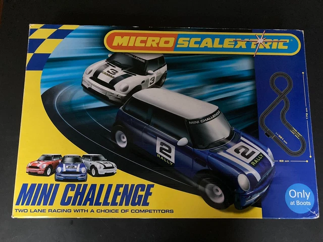 Boxed working micro scalextric BMW mini challenge 2 lane 381cm track