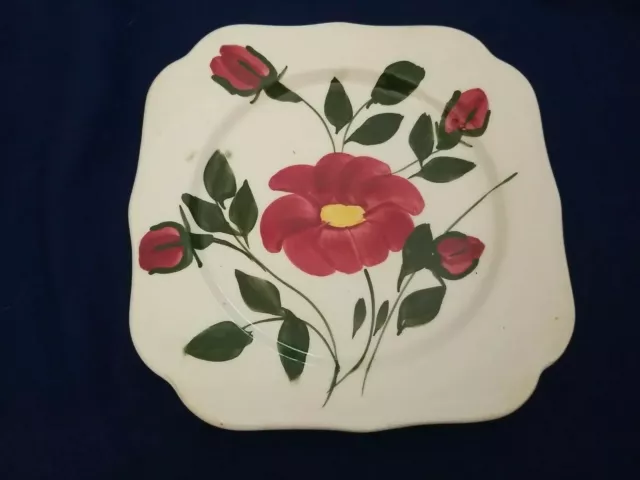 Vintage Blue Ridge Pottery Square Plate  Mid Century Red Nocturne Red Flower