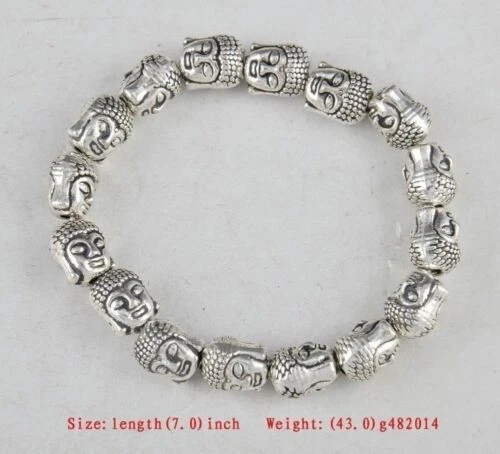 Tibet Silver Buddha Heard Chinese Old Handwork Amulet Elastic Bracelet