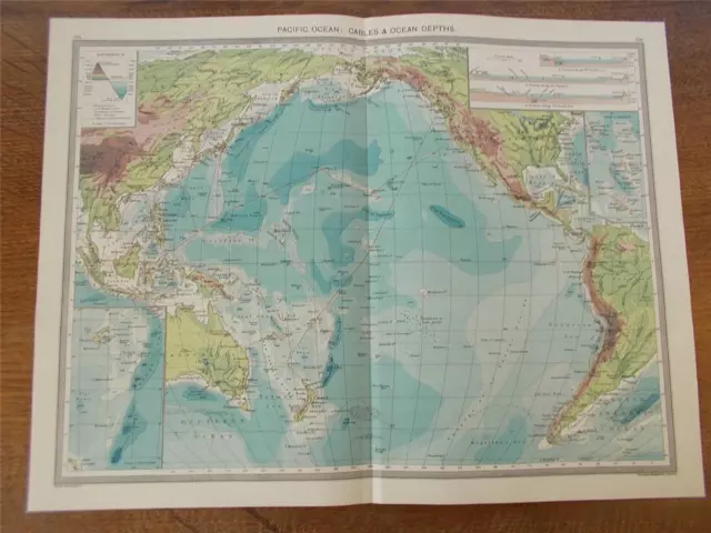 Antique c1904 Colour Map PACIFIC OCEAN CABLES & OCEAN DEPTHS HARMSWORTH ATLAS