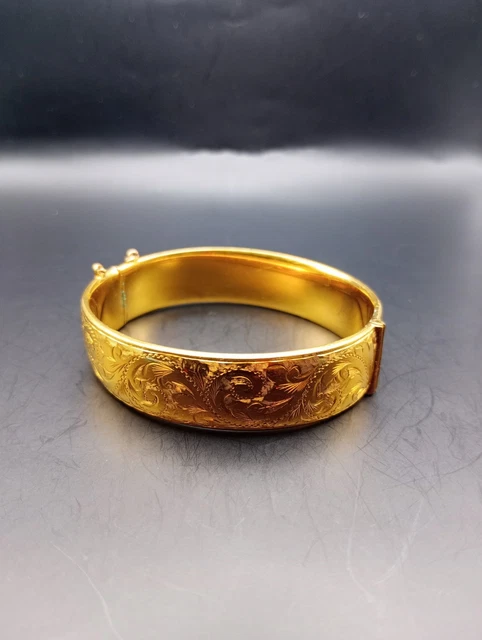 9ct Gold Metal Cored Bangle 20 Microns Vintage 29g Engraved Accessory Gift Art