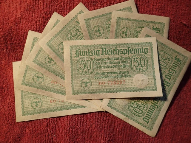 Selling ONE , NOT FOLDED WW II BANKNOTE NAZI GERMANY GERMAN 50 REICHSPFENNIG