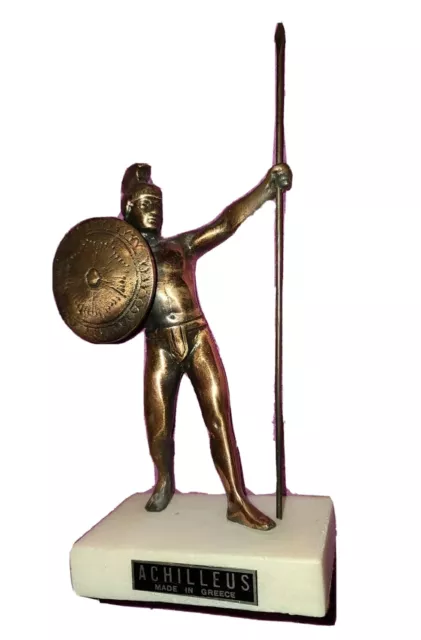 Achilles With Spear & Shield Troy Vintage Greece Bronze Copper Marble Statue 9"