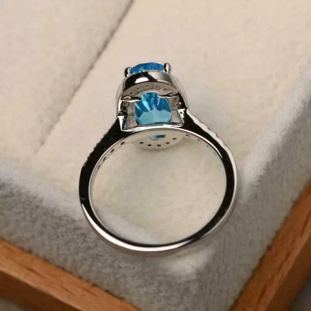4CT OVAL LAB Created Blue Topaz Diamond Halo Engagement Ring White Gold ...