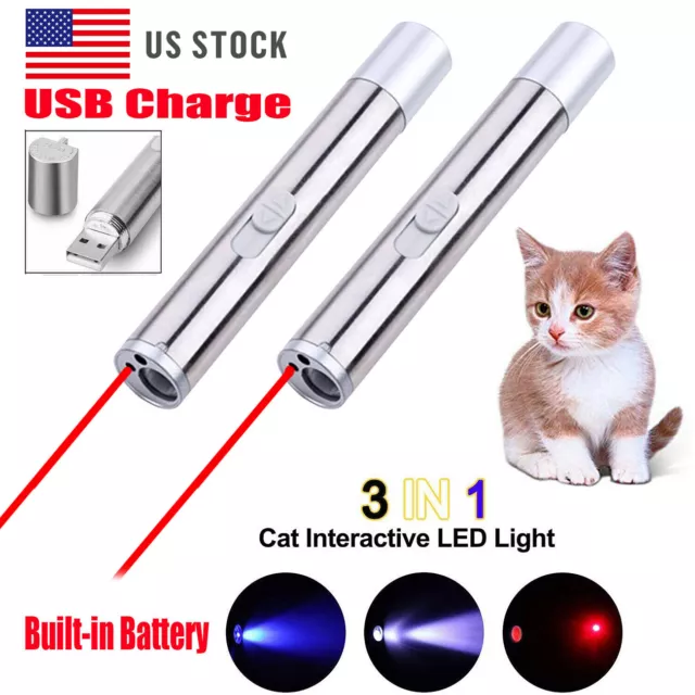 2pc Mini 650nm Red Laser Pointer Pen UV Light USB Rechargeable LED Torch Pet Toy