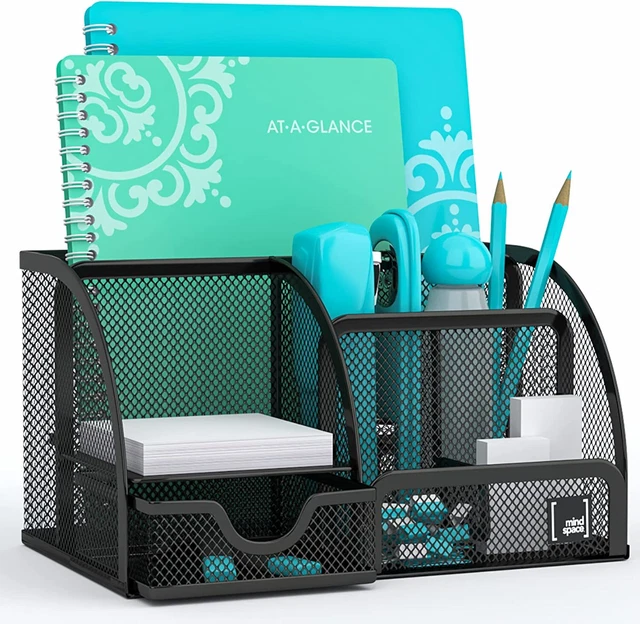 Mesh Pen Holder Desk Organizer with 6 Compartments 1 Drawer For Office Supplies
