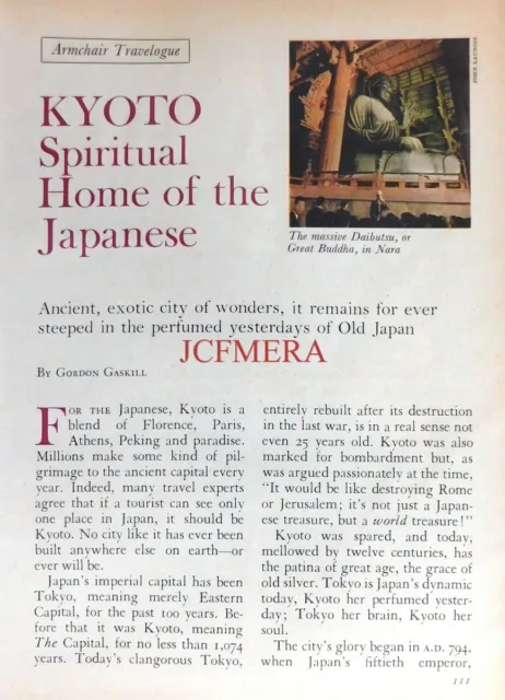 KYOTO - 'Spiritual Home of the Japanese' : Original 1968 Magazine Cutting