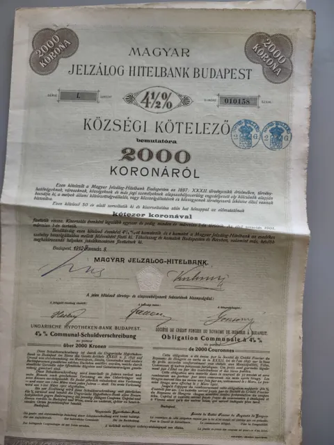 Hungary 1910 Magyar Jelzalog Hitelbank Budapest 2000 Korona Bond
