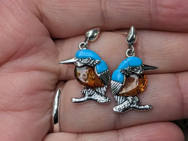Baltic Amber, Turquoise And Sterling Silver Bird Earring, December Birthstone