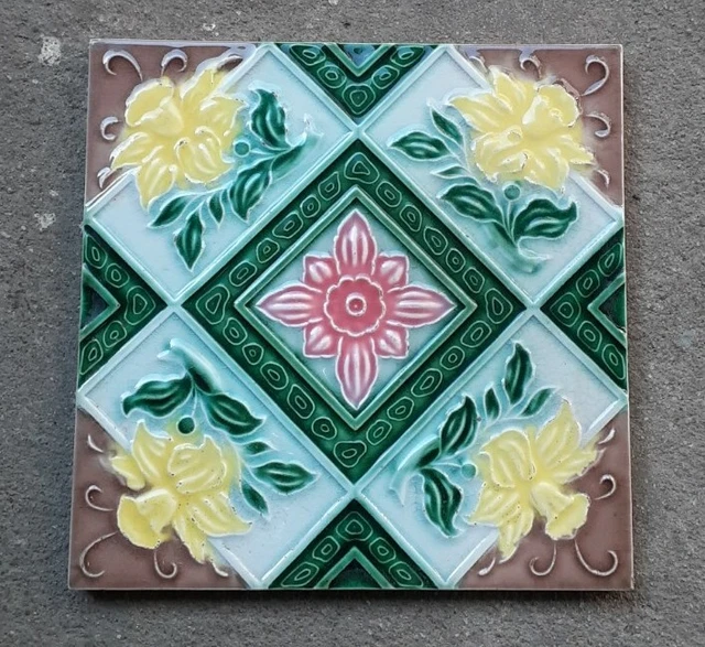 Rare Vintage Red Yellow Green Flower Ceramic Tile  Porcelain  Art Japan Fm Mark
