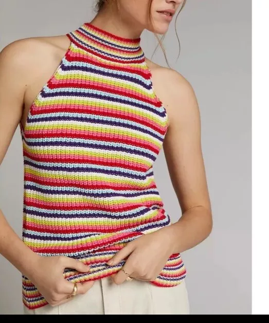 Anthropologie John + Jenn Rainbow Striped Percy Sweater Tank Red Motif Medium