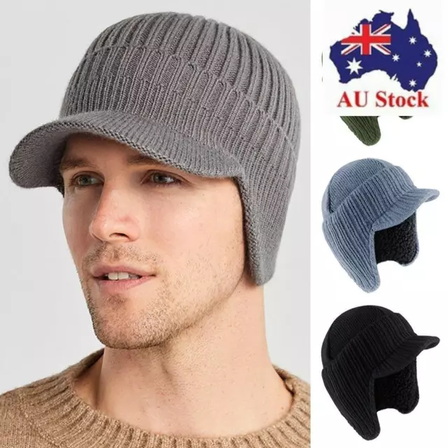 Fleece Lined Beanie Hat Warm Peaked Knit Cap Winter Bomber Hats  Men