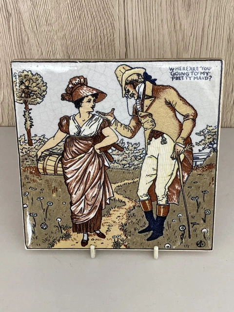 Old American Encaustic Tiling Co Walter Crane 6" Faience 'Pretty Maid' Tile 1895